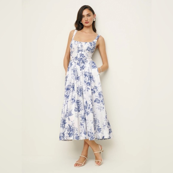 NWT Reformation Balia Midi Linen Dress in Lupine  Blue White Floral | size 2 - Picture 5 of 13